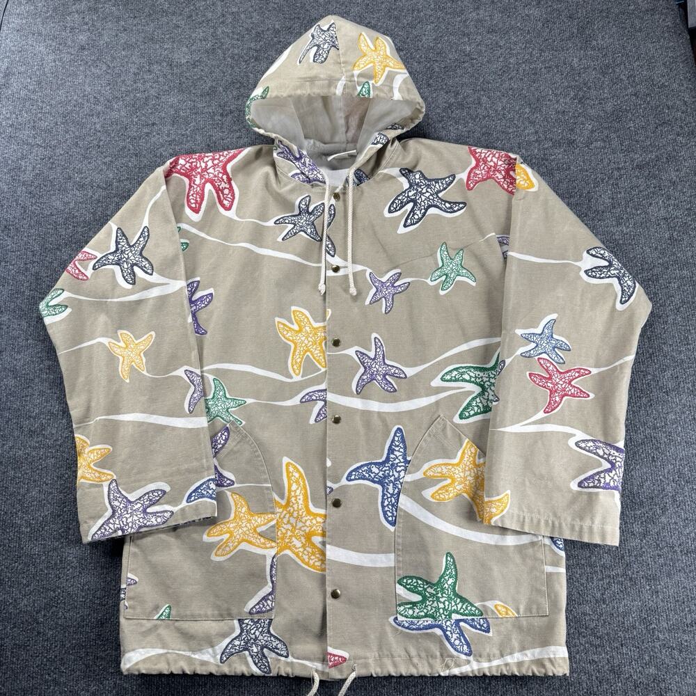 Vtg Michigan Rag & Co Tan Rainbow Starfish Canvas Hoodie Jacket Sz S M Oversized
